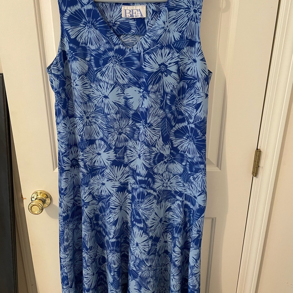 Vintage 90s BFA Classics Blue Floral Midi Dress Sz L